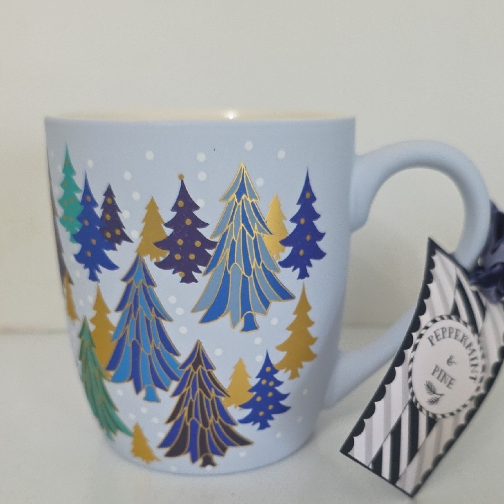 Peppermint and Pine Light Blue Holiday Tree Ceramic Mug, NWT